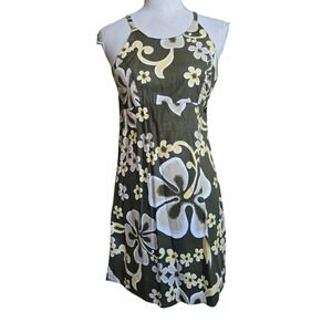 Vtg y2k Local Motion Hawaiian‎ Floral Halter Dress Olive Green Sleeveless Dress